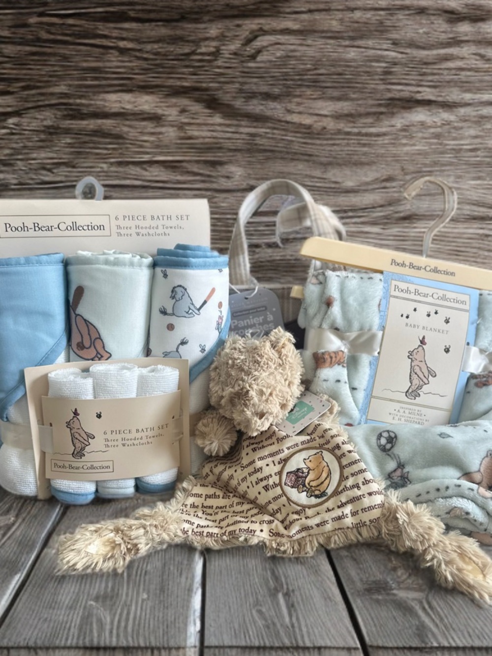 Pooh-Bear-Collection Baby Blanket & Bath Set in Baby Blue and Cream Sports Theme